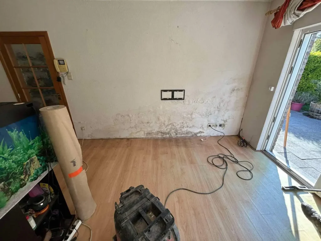 Mur intérieur présentant des traces d’humidité avec cloques sur l’enduit et peinture écaillée.