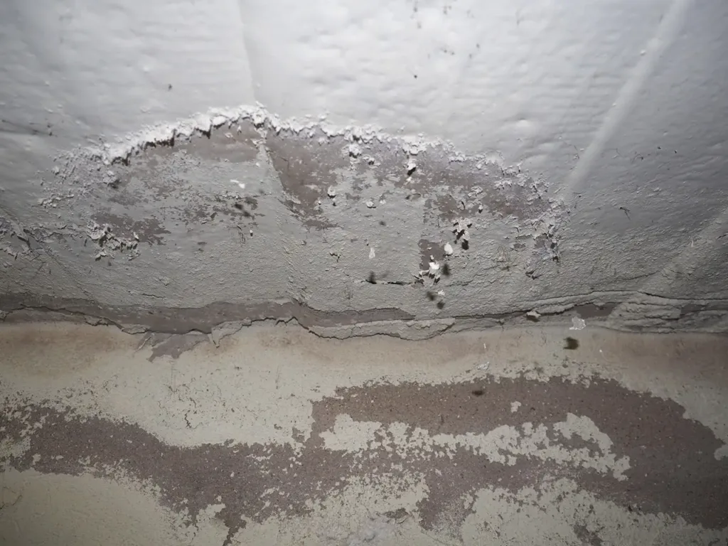Plafond d'une cave présentant des traces d’humidité.